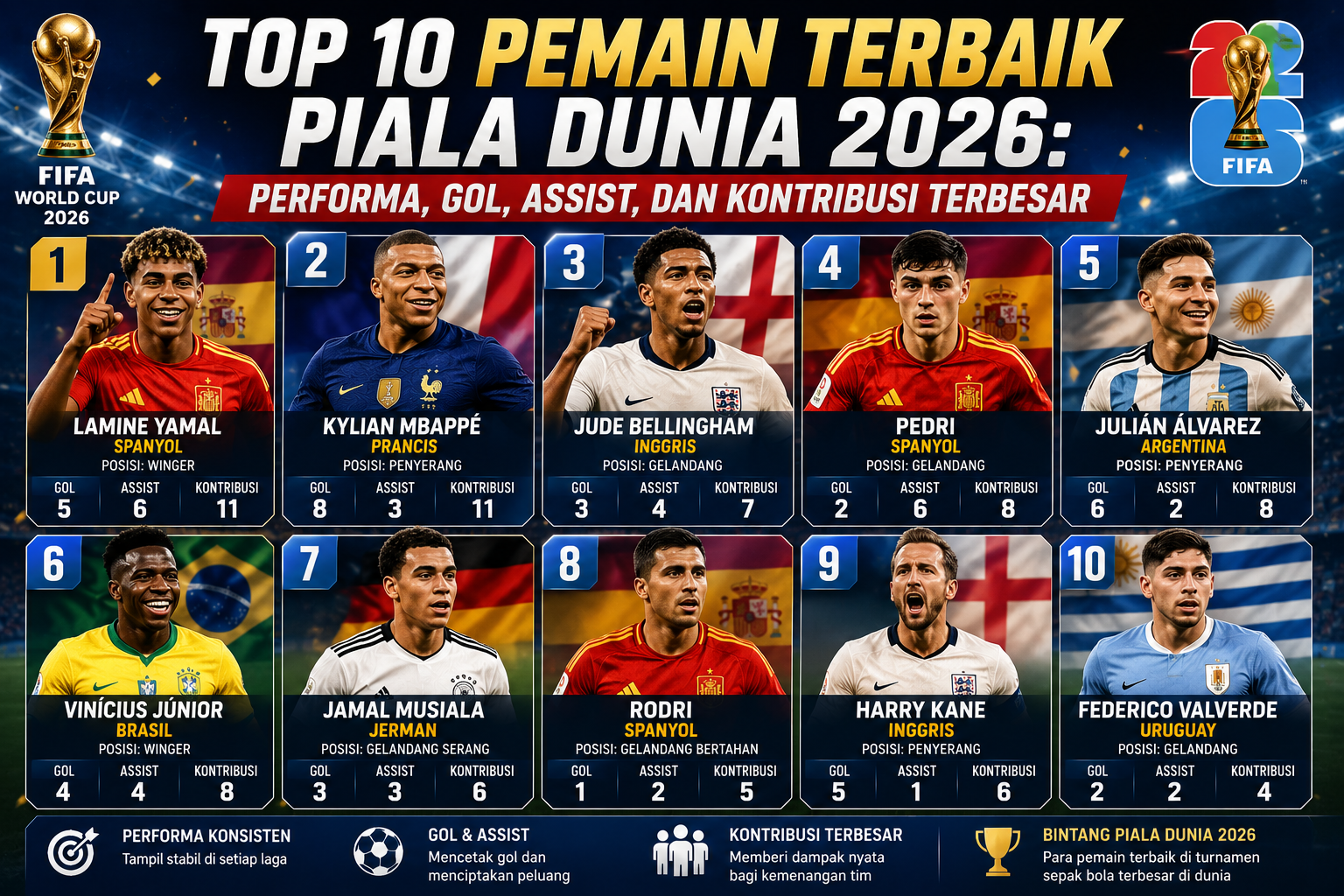 Top 10 Pemain Terbaik Piala Dunia 2026: Performa, Gol, Assist, dan Kontribusi Terbesar