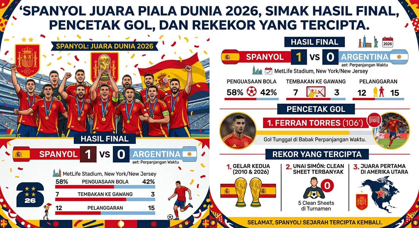 Spanyol Juara Piala Dunia 2026, Simak Hasil Final, Pencetak Gol, dan Rekor yang Tercipta