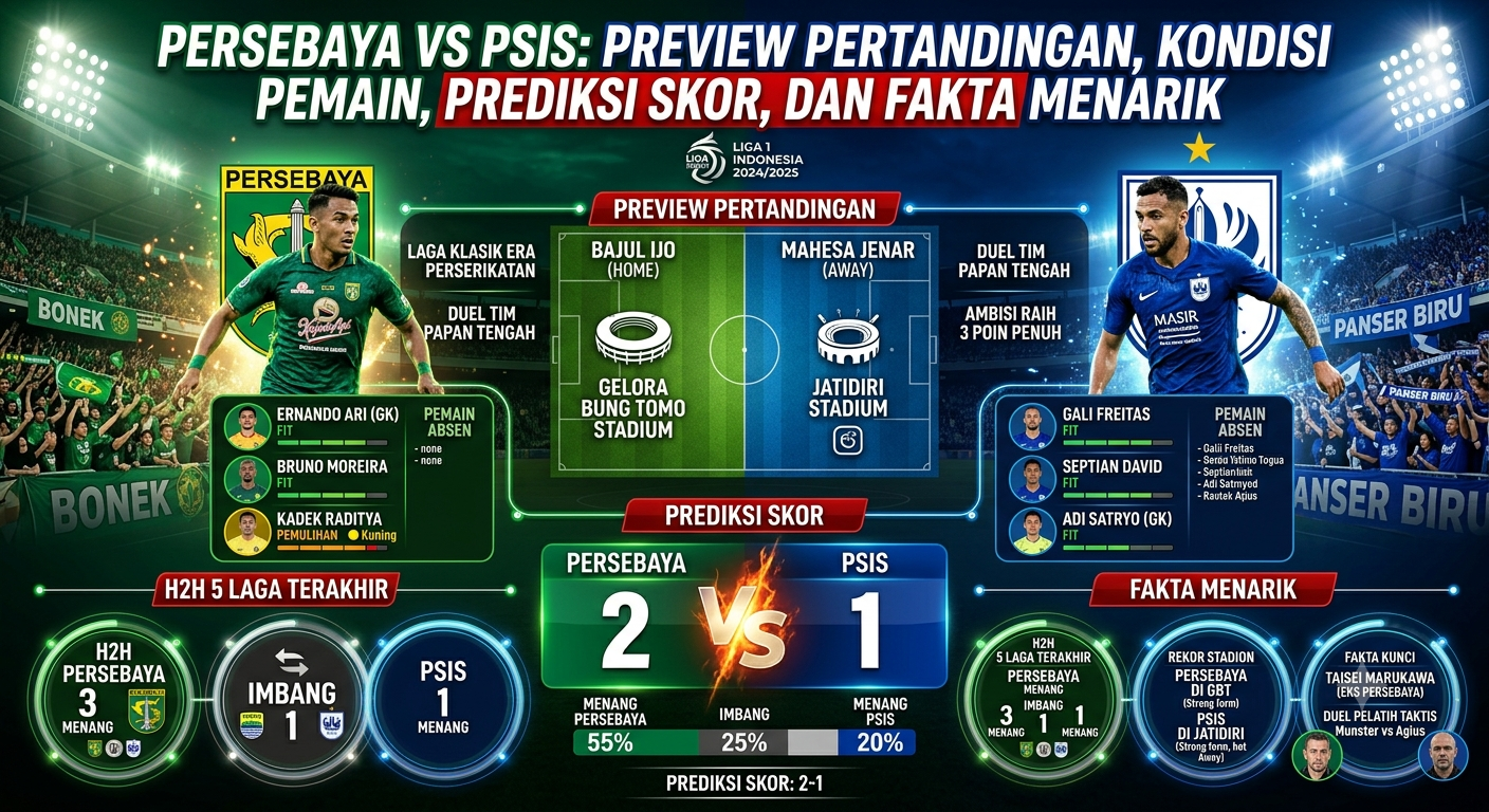 Persebaya vs PSIS: Preview Pertandingan, Kondisi Pemain, Prediksi Skor, dan Fakta Menarik